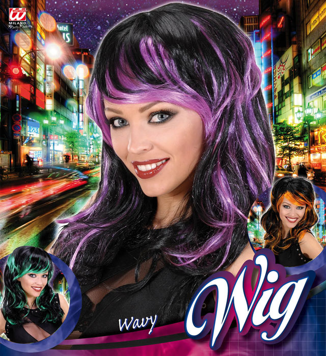 Streaked Wavy Wig In Polybag - 3Colors Ass.: Purple, Green, Orange