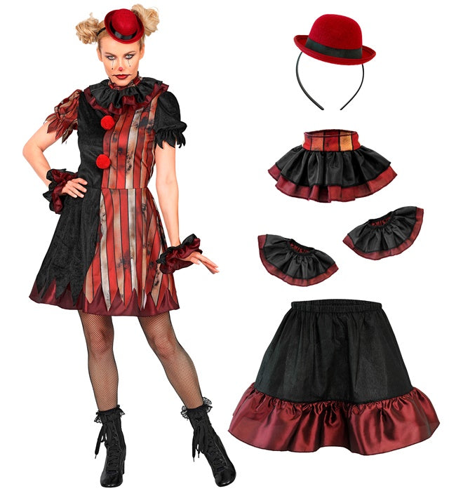 Wicked Clown  Dress, Pettiskirt, Ruff, Cuffs, Mini Hat 