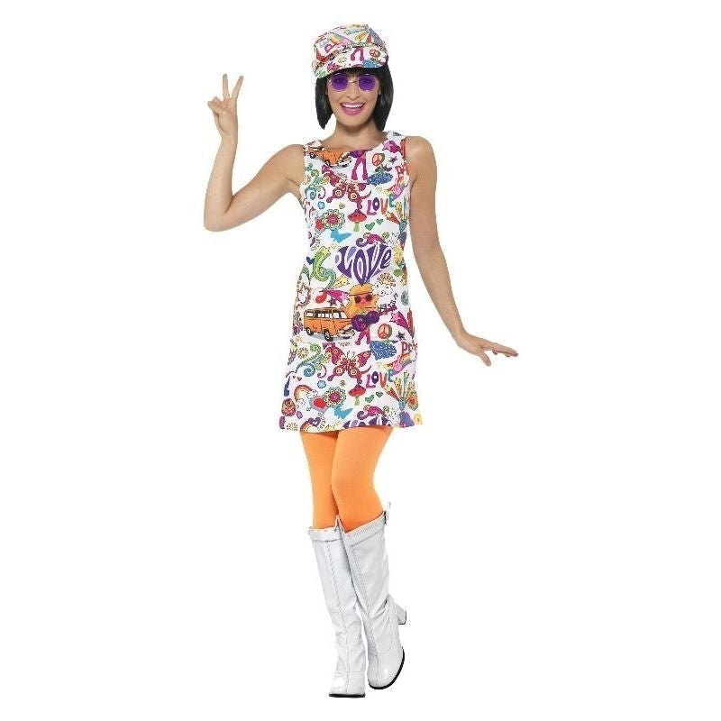 60s Groovy Chick Costume Adult Dress Hat Multi Coloured 1