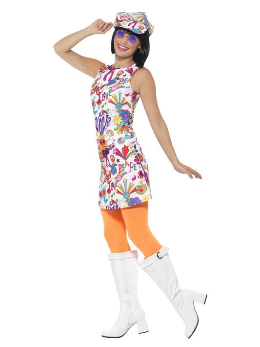 60s Groovy Chick Costume Adult Dress Hat Multi Coloured 2