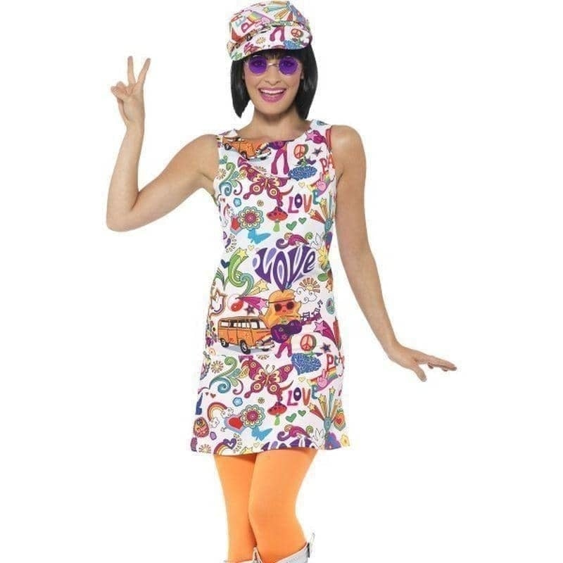 60s Groovy Chick Costume Adult Dress Hat Multi Coloured_1