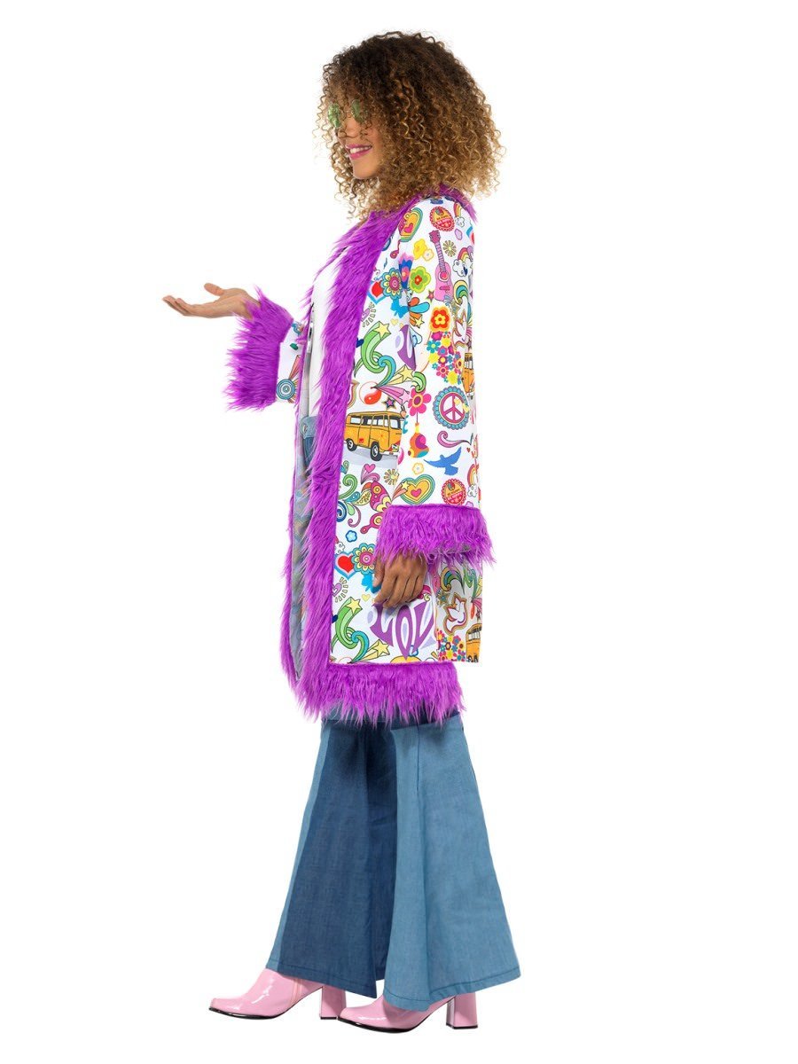60s Groovy Hippie Coat Adult Multi Coloured with Fur Trim 2