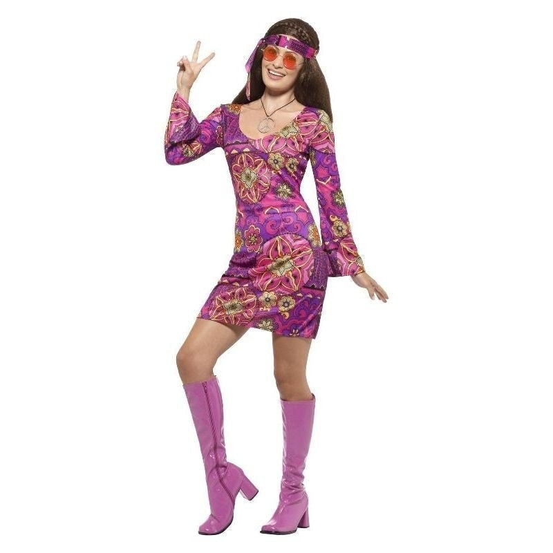 60s Hippie Chick Costume Adult Multi Coloured Dress Headscarf Medallion_2