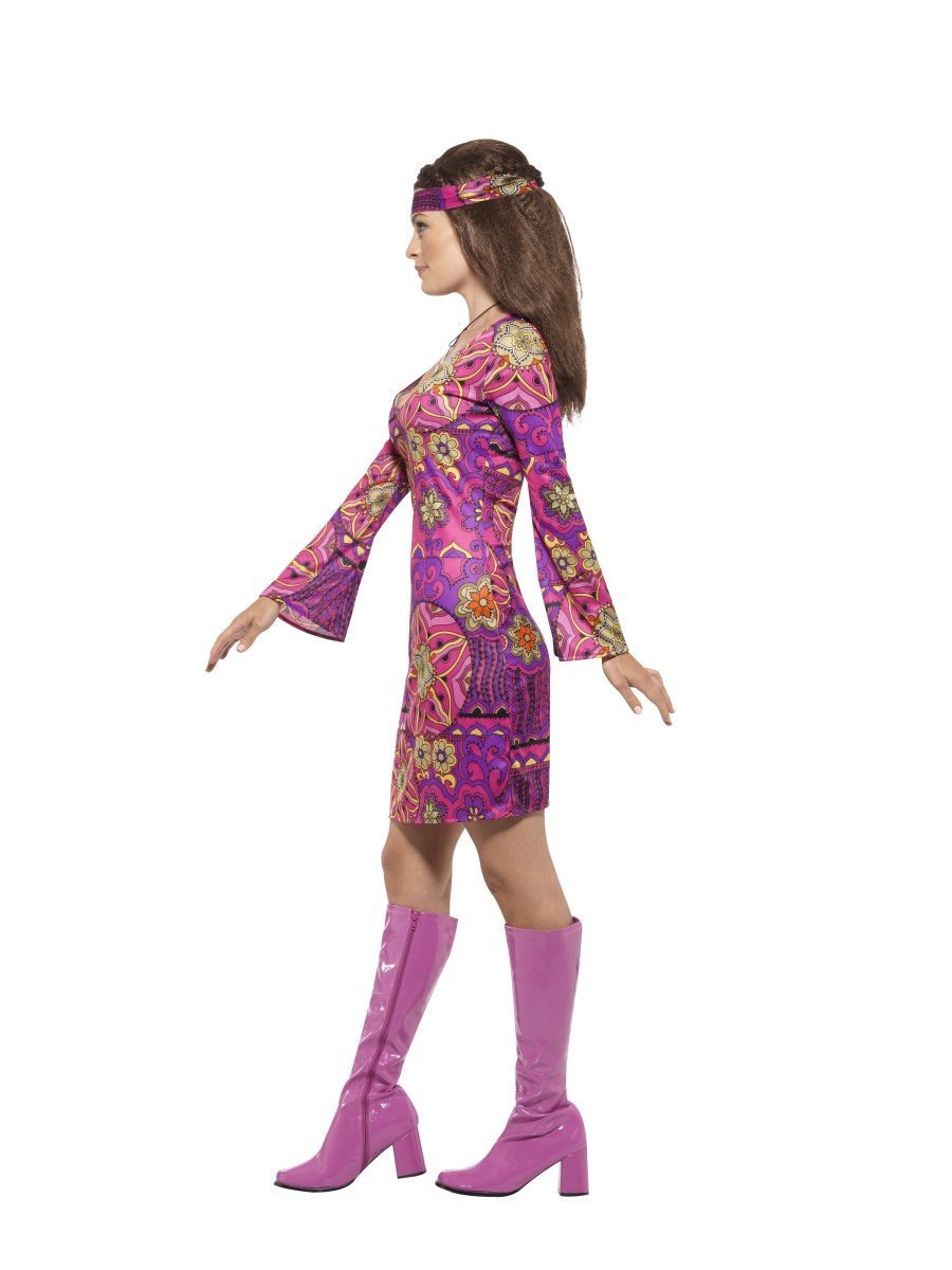 60s Hippie Chick Costume Adult Multi Coloured Dress Headscarf Medallion 3