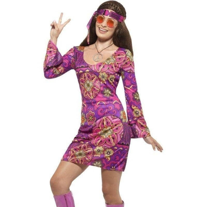 60s Hippie Chick Costume Adult Multi Coloured Dress Headscarf Medallion_1