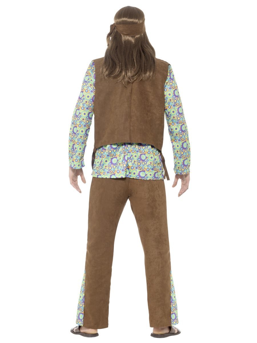 60s Hippie Costume for Men Brown Waistcoat Trousers Medallion Headband 3