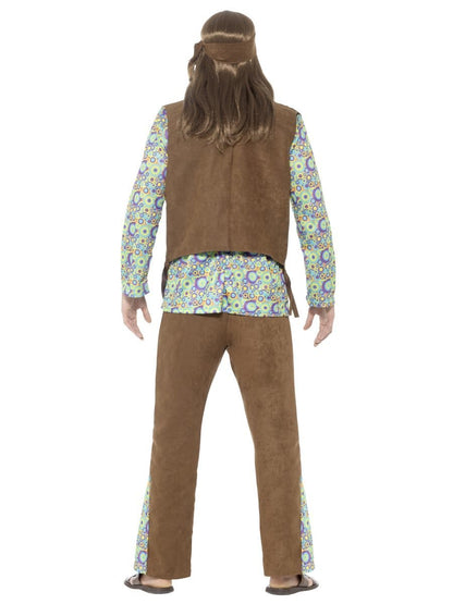 60s Hippie Costume for Men Brown Waistcoat Trousers Medallion Headband 3