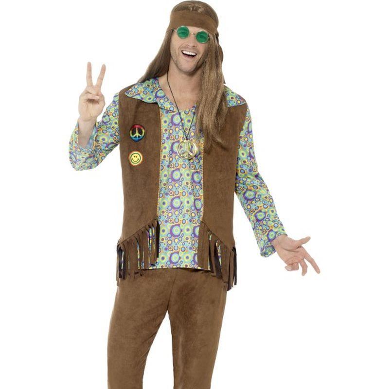 60s Hippie Costume for Men Brown Waistcoat Trousers Medallion Headband 1