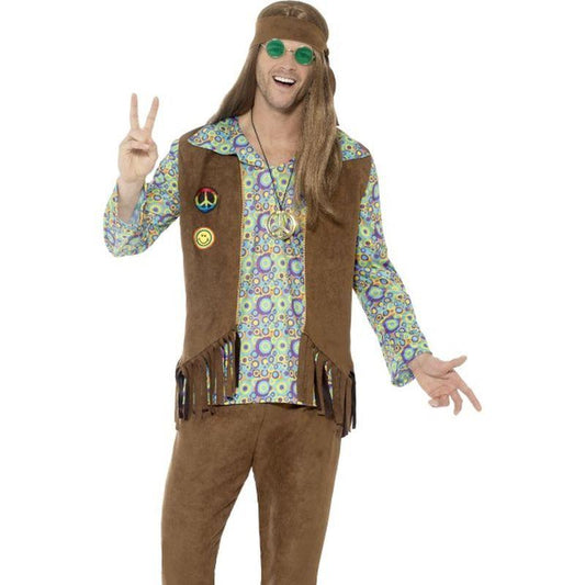60s Hippie Costume for Men Brown Waistcoat Trousers Medallion Headband 1