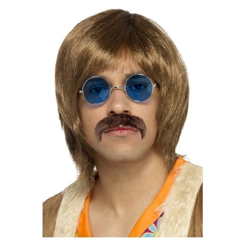 60s Hippie Kit Adult Brown Wig Glasses Moustache 2