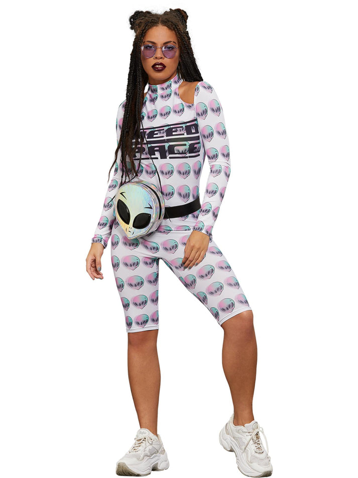 Fever Space Unitard Adult White All In One with Printed Alien Faces 2