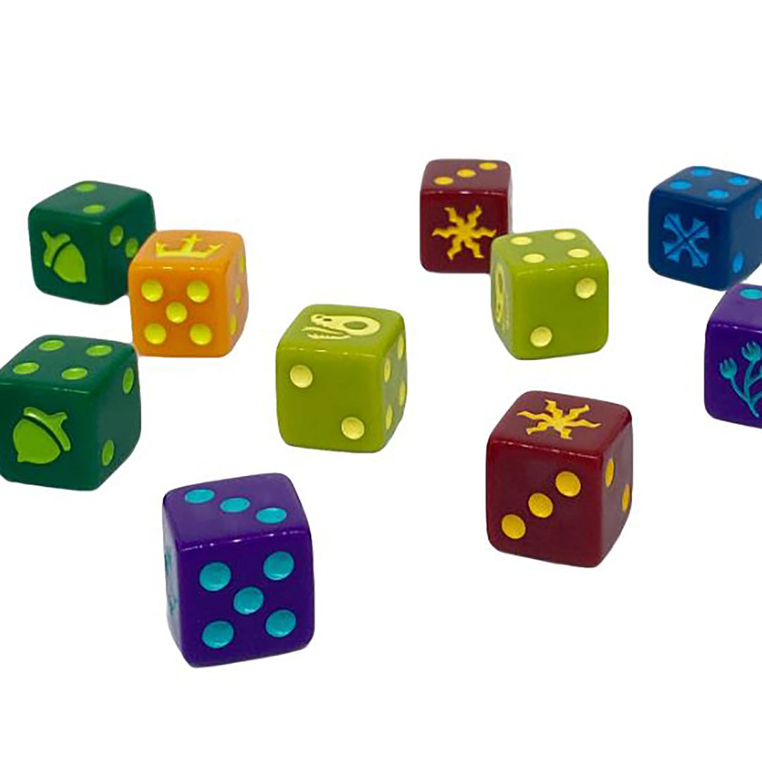 Magpie Games Dice Set for Root: The Roleplaying Game, 14 Six-Sided Dice Engraved with 7 Woodland Factions, Tabletop Fantasy Adventure