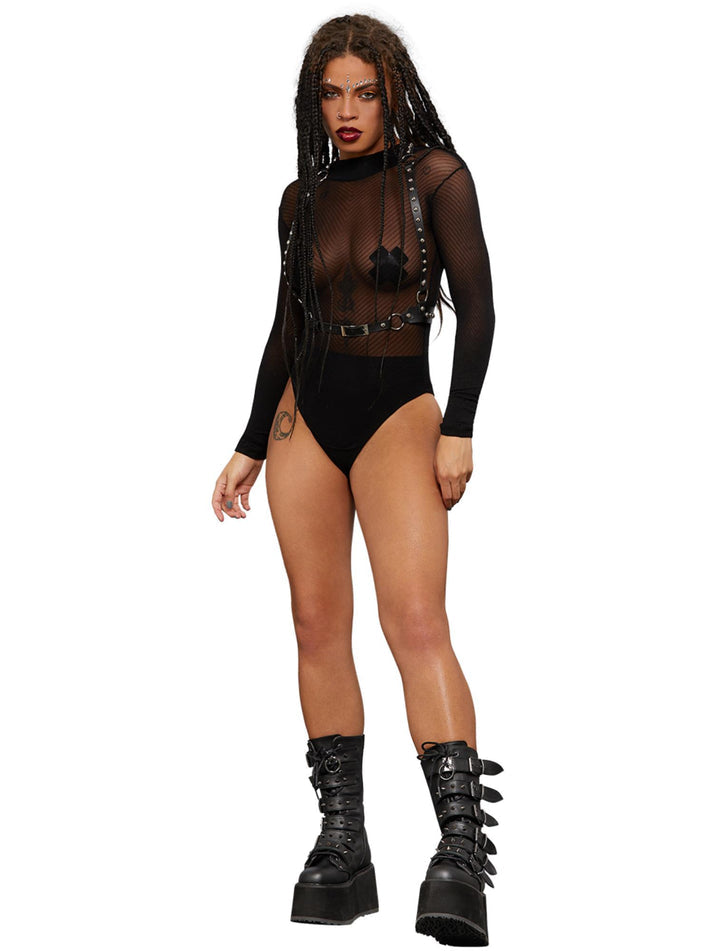 Fever Long Sleeve V Striped Bodysuit Sheer Black Festival Costume