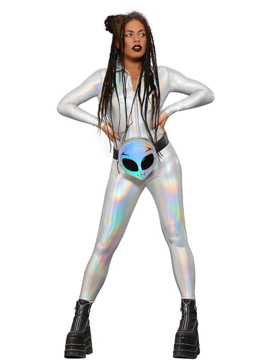 Fever Miss Whiplash Mirror Holographic Zip Up Silver Catsuit 2