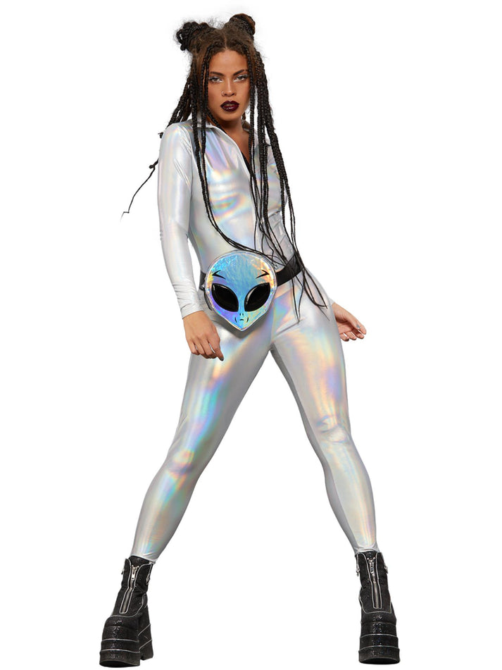 Fever Miss Whiplash Mirror Holographic Zip Up Silver Catsuit 1