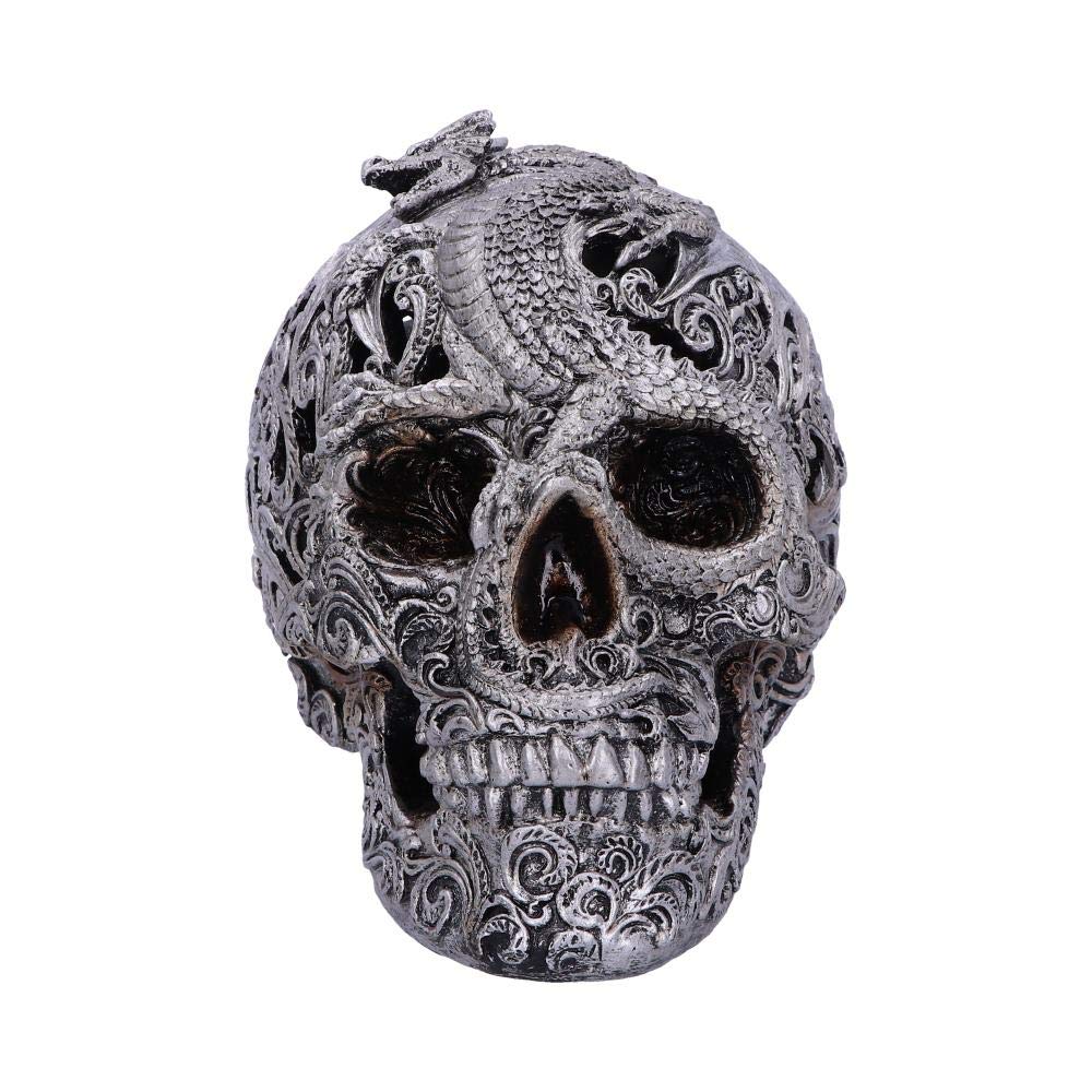 Silver Cranial Drakos Engraved Dragon Skull Ornament 19.5cm 2
