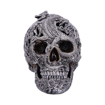 Silver Cranial Drakos Engraved Dragon Skull Ornament 19.5cm 2