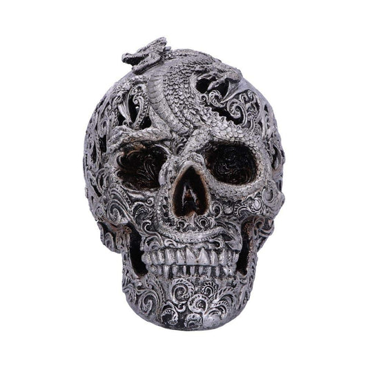 Silver Cranial Drakos Engraved Dragon Skull Ornament 19.5cm 2