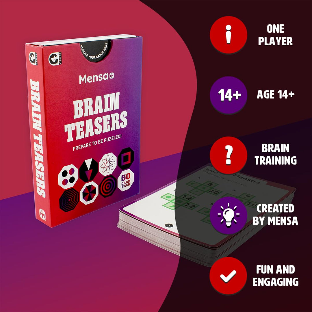 Ginger Fox Official Mensa Brainteasers Challenge Card Game - Prepare To Be Puzzled - Includes 50 Double-Sided Cards