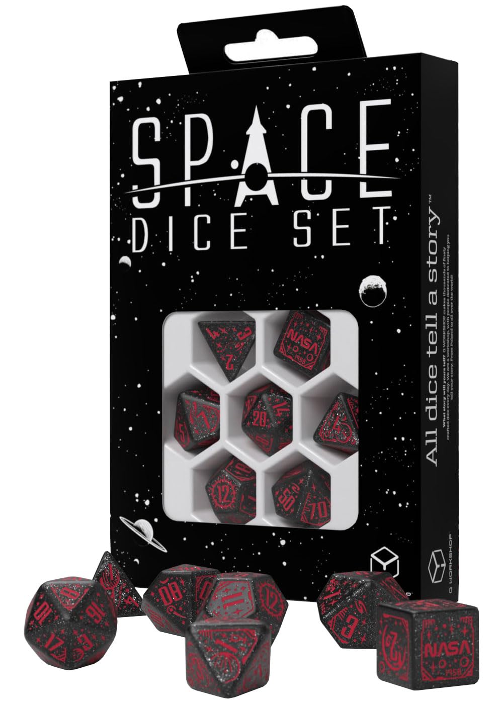 Q-Workshop Space Dice Set Voyager RPG Dice – Shimmering Black with Red Engravings – Ideal for Tabletop Games & RPGs – 7 Polyhedral Dice – (D4, D6, D8, 2D10, D12, D20) 1