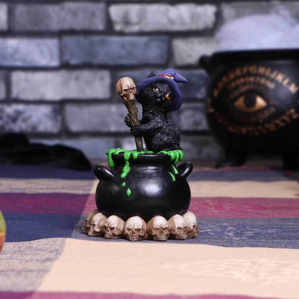 Spook Witches Familiar Black Cat and Bubbling Cauldron Figurine 12cm