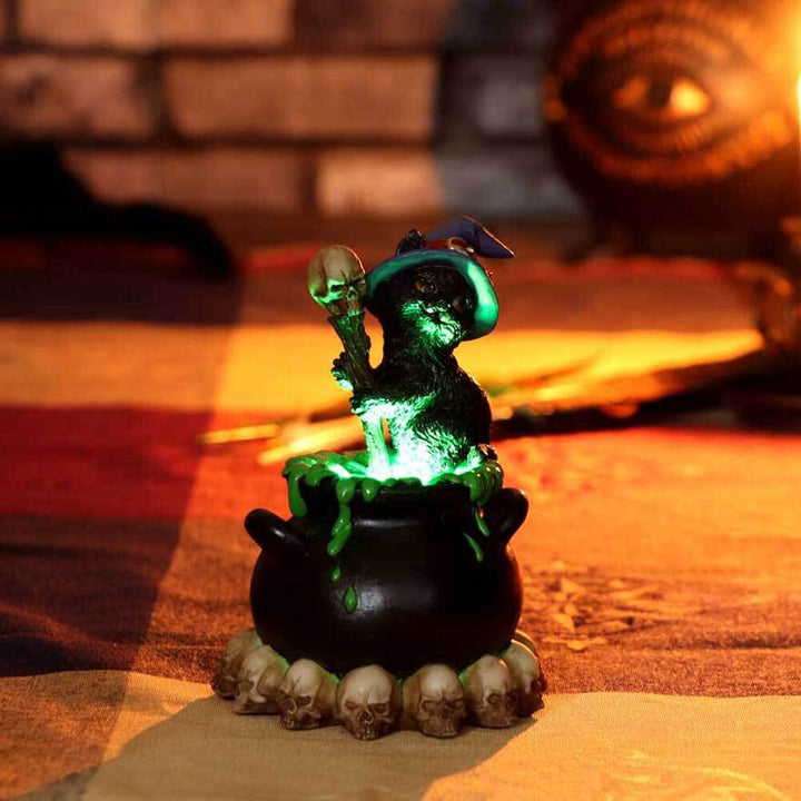 Spook Witches Familiar Black Cat and Bubbling Cauldron Figurine 12cm