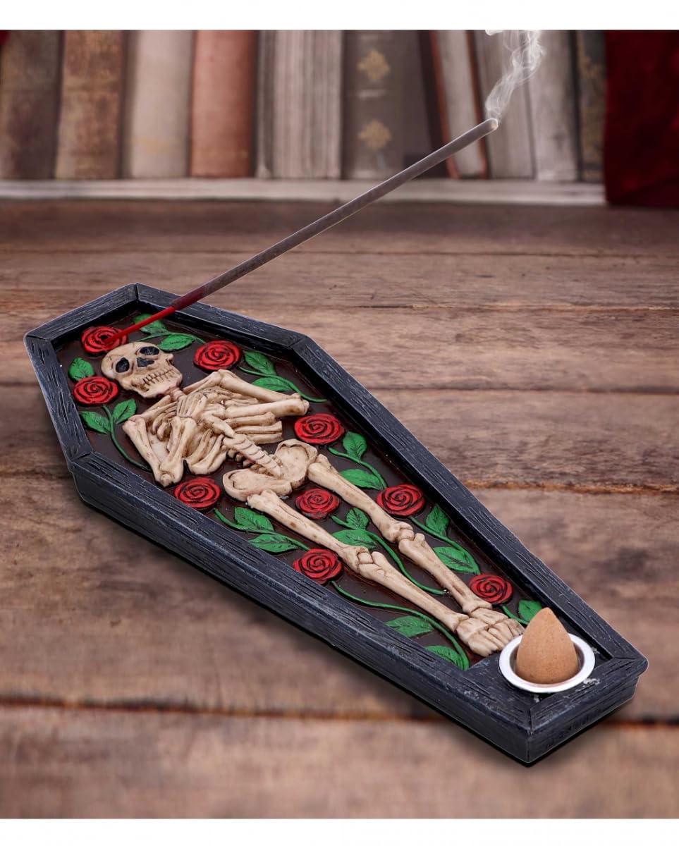 Rest in Roses Skeleton Coffin Incense Burner 21.5cm