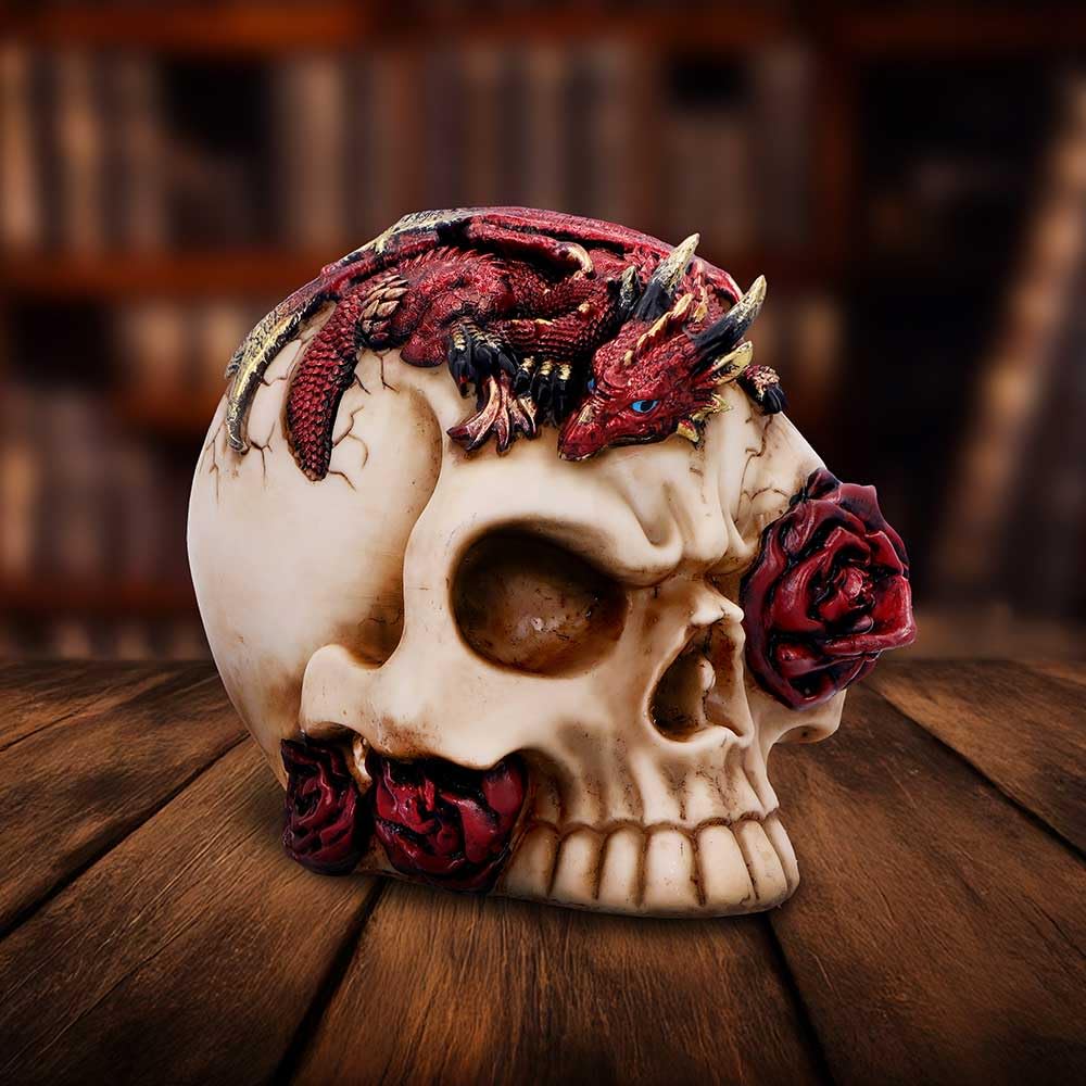 Rose Flame Decorative Skull With Sleeping Dragon 14.5cm 7