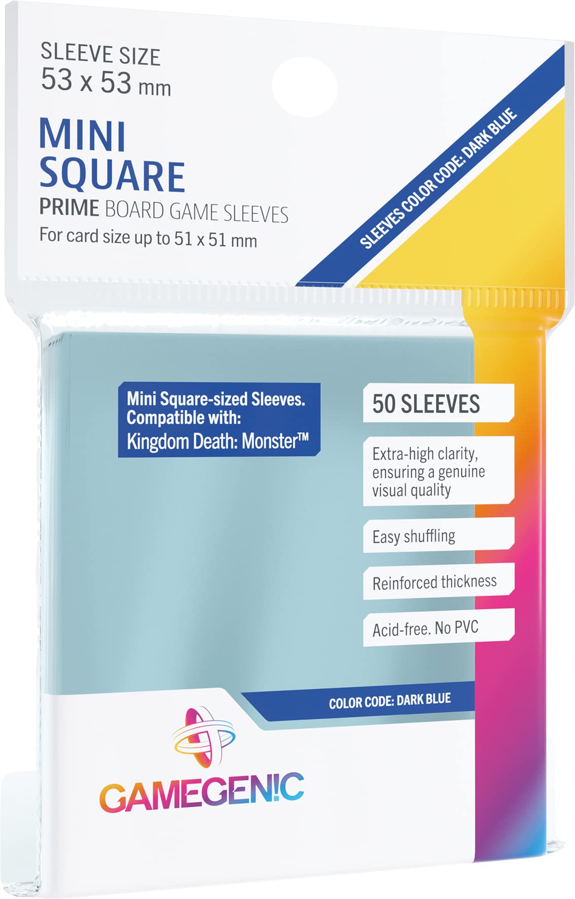 Prime Board Game Sleeves | Pack of 50 Extra-Clear Sleeves | 53 by 53 mm Card Sleeves Optimized for Use with Mini-Square Cards | Premium Card Protection | FFG Dark Blue Color Code | Made by Gamegenic 1