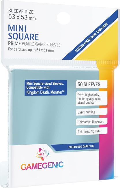 Prime Board Game Sleeves | Pack of 50 Extra-Clear Sleeves | 53 by 53 mm Card Sleeves Optimized for Use with Mini-Square Cards | Premium Card Protection | FFG Dark Blue Color Code | Made by Gamegenic 1
