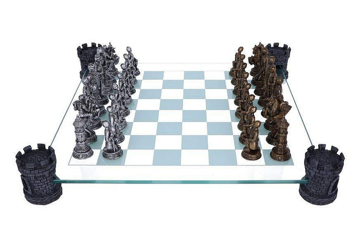 Raised Medieval Knight Chess Set with Corner Towers 43cm Board with Resin Pieces 4