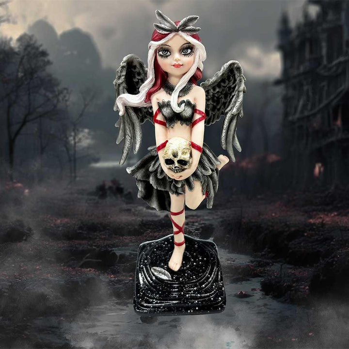 Shadow Fae Fairy Figurine with Feathered Skirt and Skull Accessory 20cm
