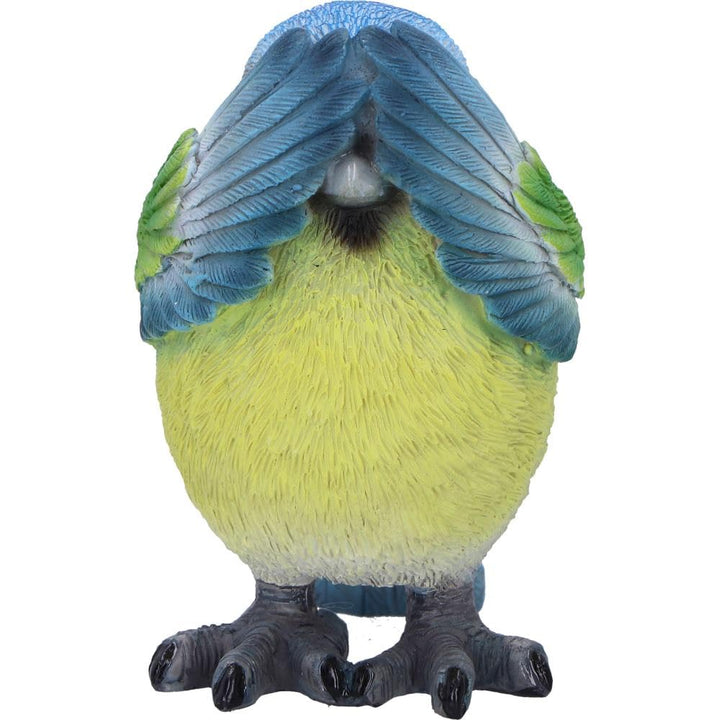 Three Wise Blue Tit Figurines in See no Hear Speak Evil Poses 8cm