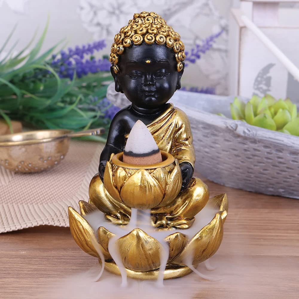 Black Gold Baby Buddha Backflow Incense Burner 103cm 10.3cm