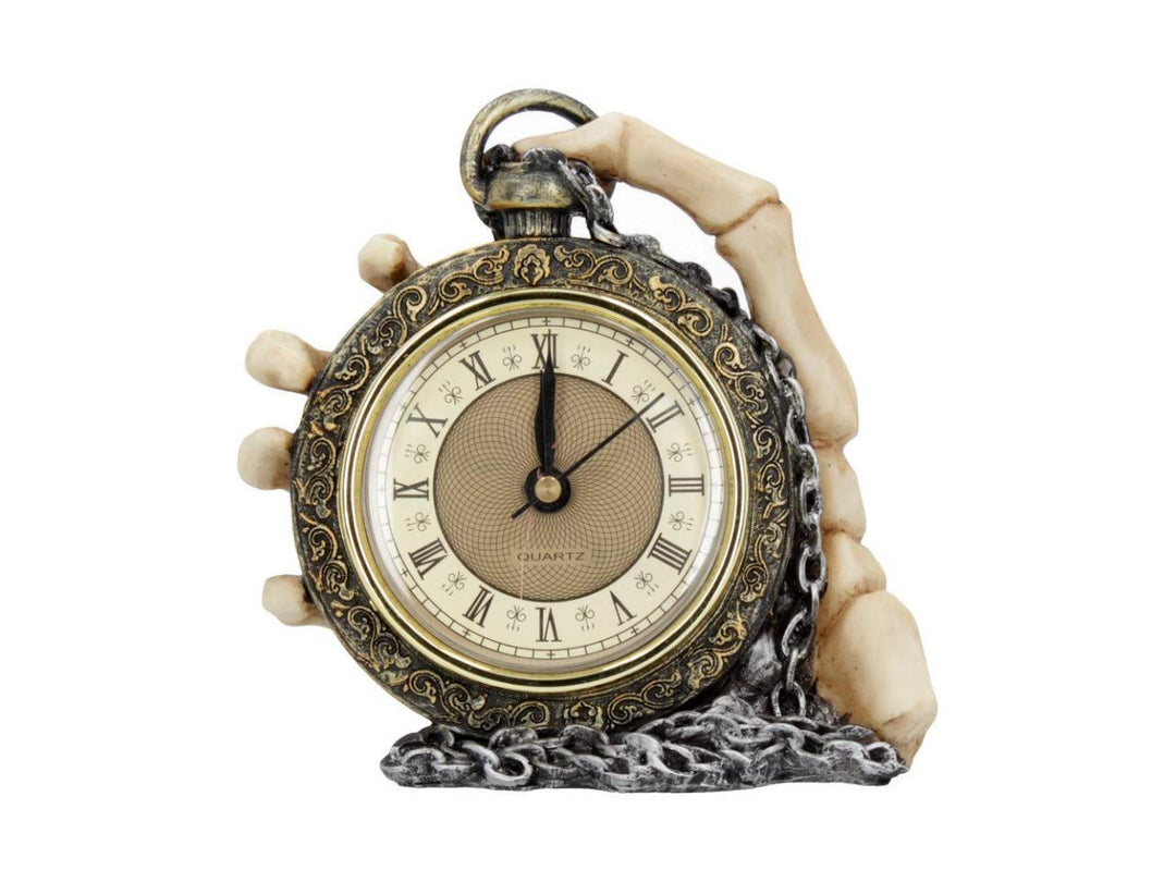About Time Skeleton Hand and Pocket Watch Mantel Clock 14cm