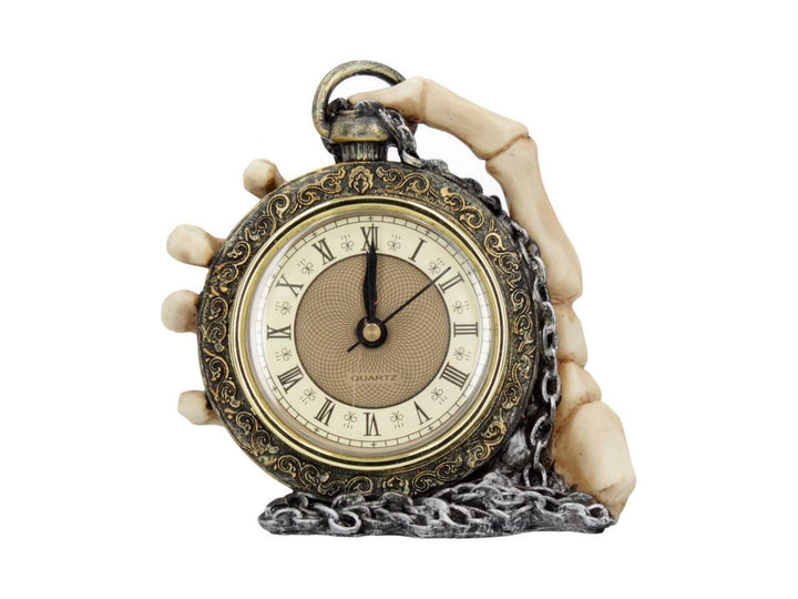 About Time Skeleton Hand and Pocket Watch Mantel Clock 14cm