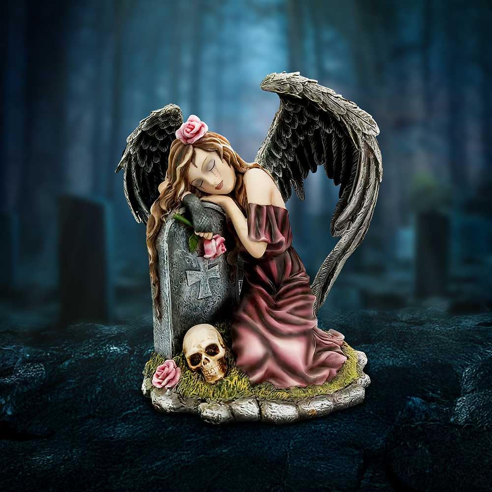 Lost Love Mourning Angel Figurine with Gravestone and Roses 29cm 2