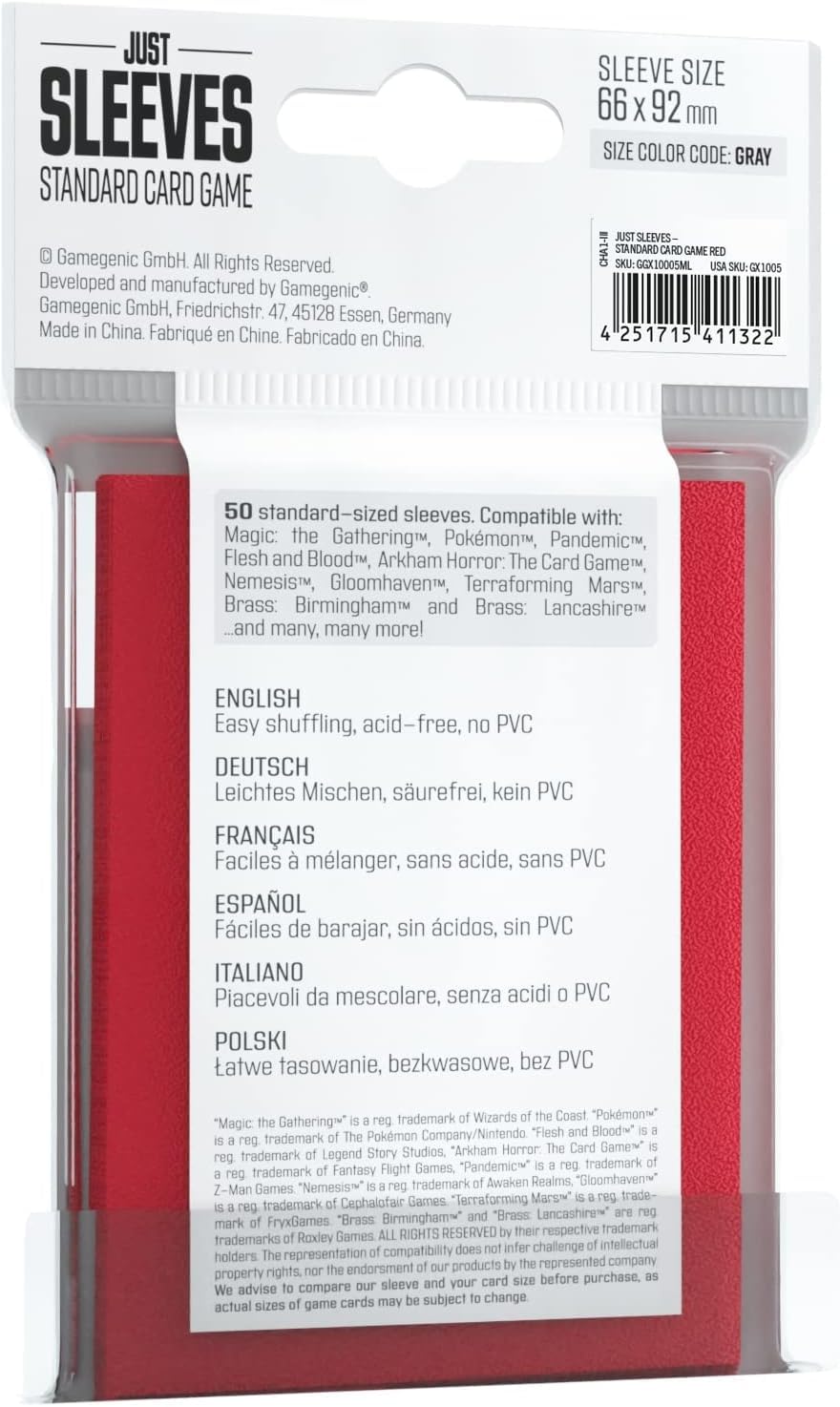UNIT Gamegenic Just Sleeves Standard Card Game Red 50 ct Gaming Accessory 2