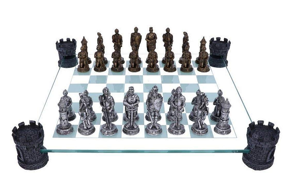 Raised Medieval Knight Chess Set with Corner Towers 43cm Board with Resin Pieces 3