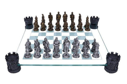 Raised Medieval Knight Chess Set with Corner Towers 43cm Board with Resin Pieces 3