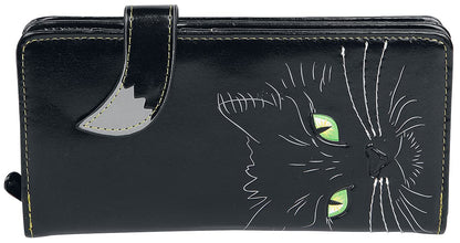 Black Lucky Cat Purse Embossed Eye Tail Wallet Large 18.5cm 3