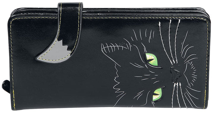 Black Lucky Cat Purse Embossed Eye Tail Wallet Large 18.5cm