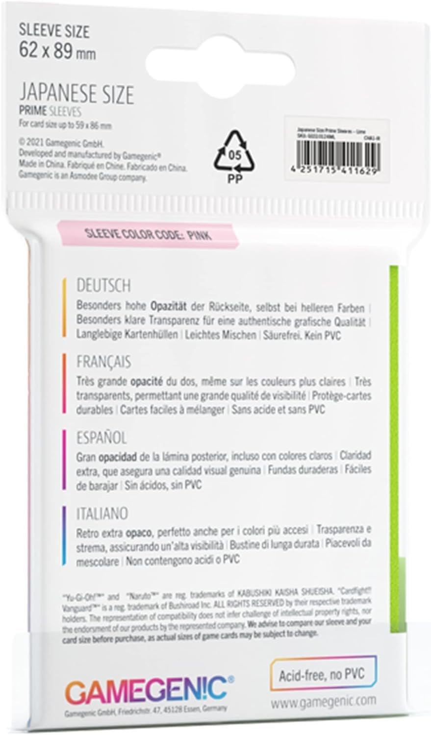 Gamegenic - Pack of 60 Prime Sleeves Japanese Sized - Lime 2
