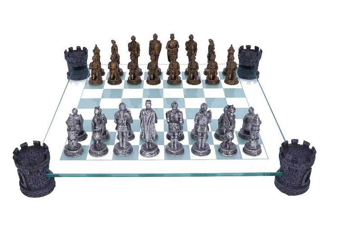 Raised Medieval Knight Chess Set with Corner Towers 43cm Board with Resin Pieces 2
