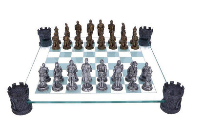 Raised Medieval Knight Chess Set with Corner Towers 43cm Board with Resin Pieces 2