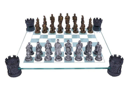 Raised Medieval Knight Chess Set with Corner Towers 43cm Board with Resin Pieces 2