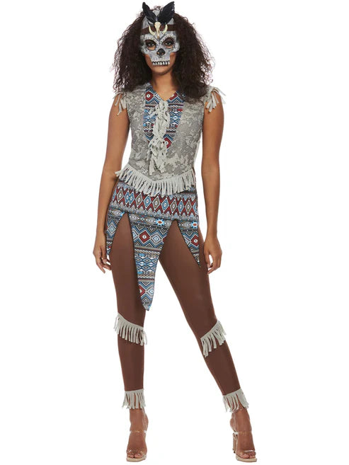 Dark Spirit Warrior Adult Costume Grey Sleeveless Top Brown Trousers and Mask