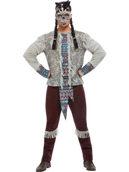 Dark Spirit Mens Warrior Costume Grey Top Brown Trousers and Mask 2