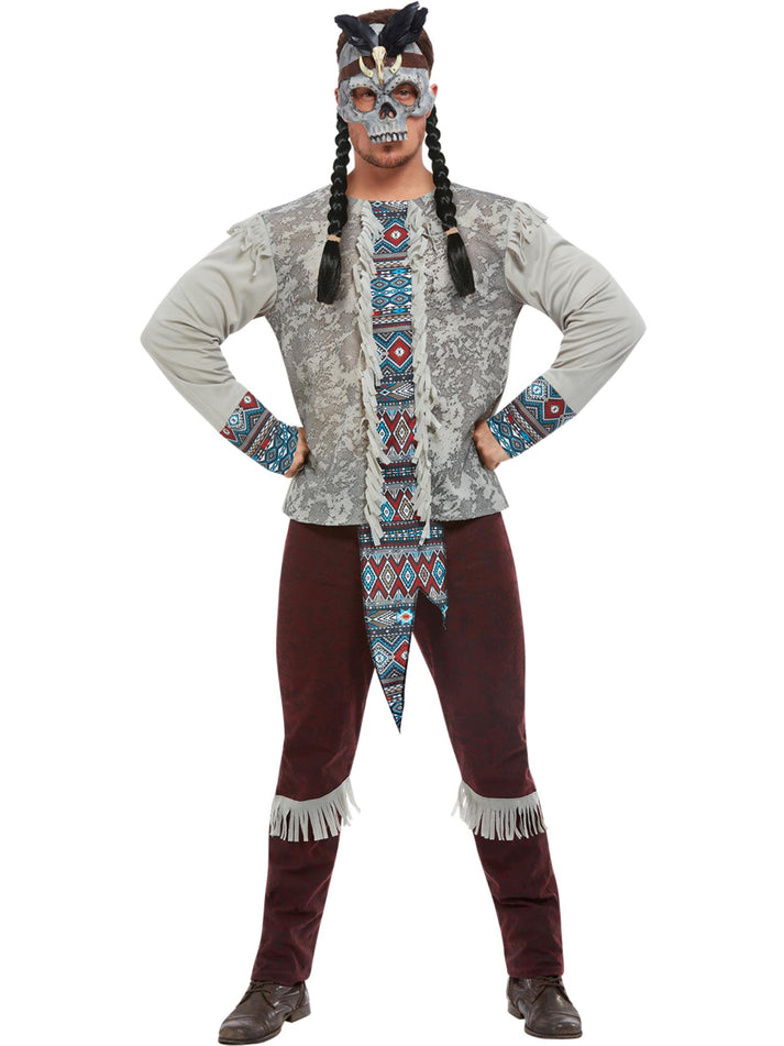 Dark Spirit Mens Warrior Costume Grey Top Brown Trousers And Mask
