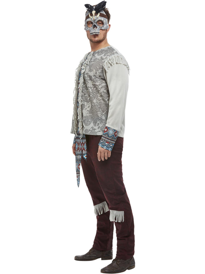 Dark Spirit Mens Warrior Costume Grey Top Brown Trousers And Mask